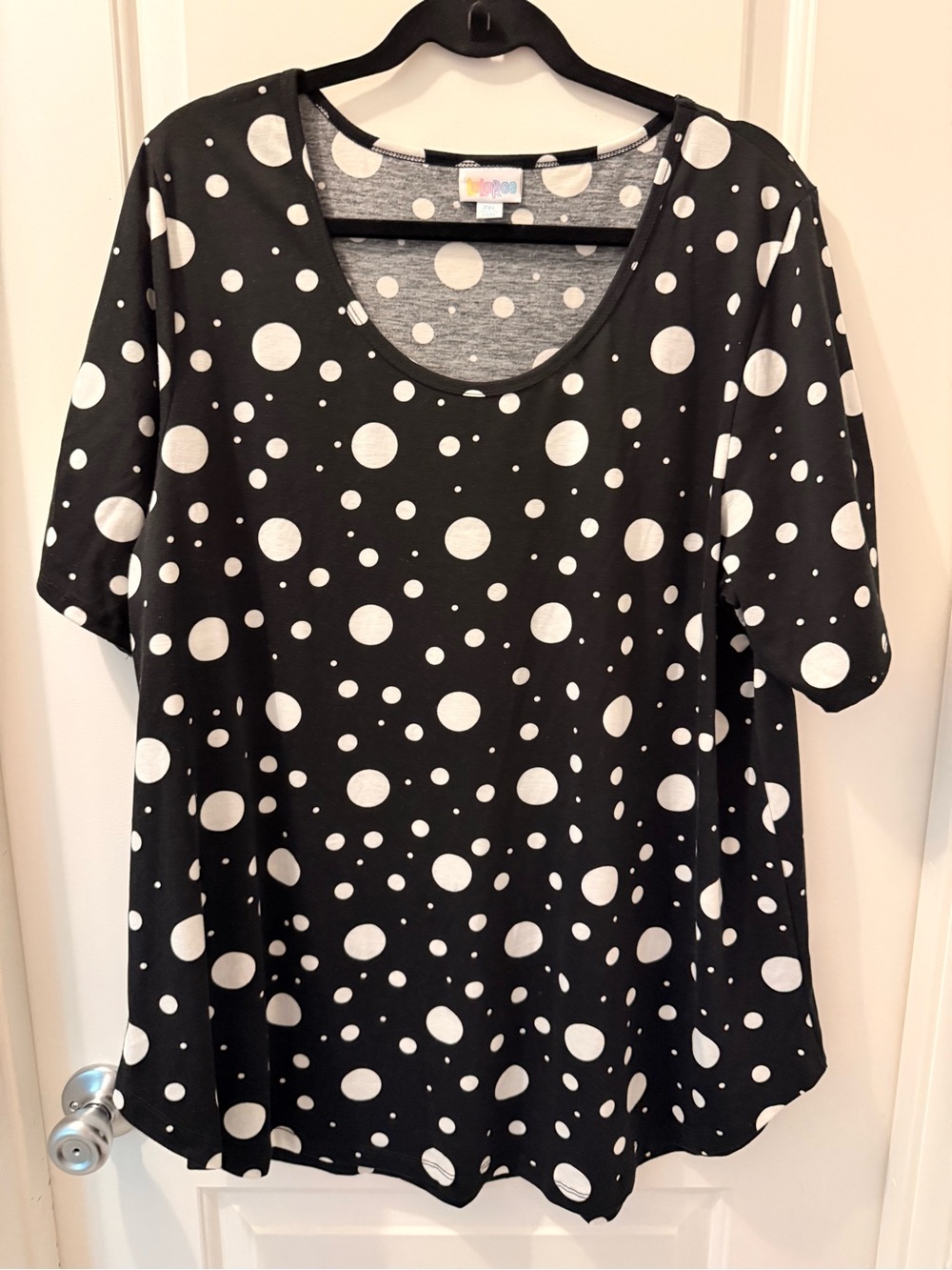 LuLaRoe Black Scoop Neck Top with White Polka Dots